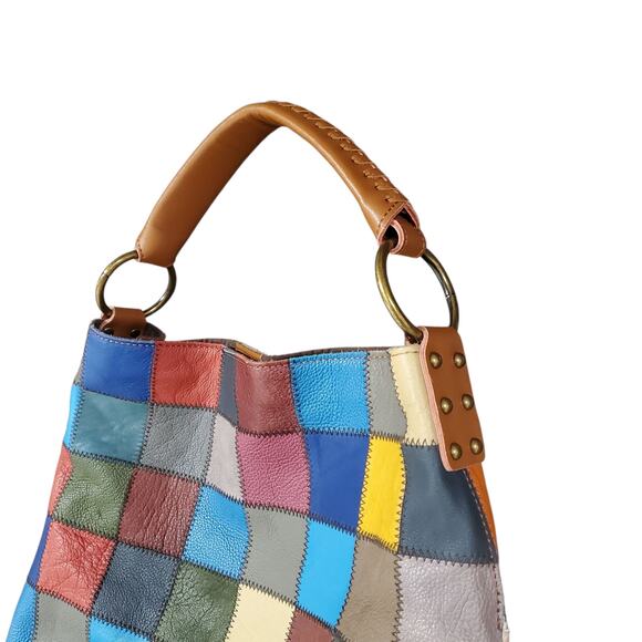 Y2k Rainbow Patchwork Leather & Suede Shoulder Bag - Picture 3 of 8